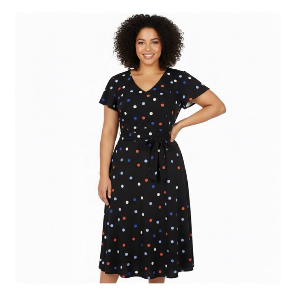 Lane Bryant Plus Size Polka Dot Black Dress Tie Waist